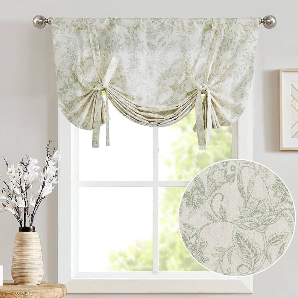 Linen Tie Up Valance Floral Printed Valance for Windows Adjustable 42” wide